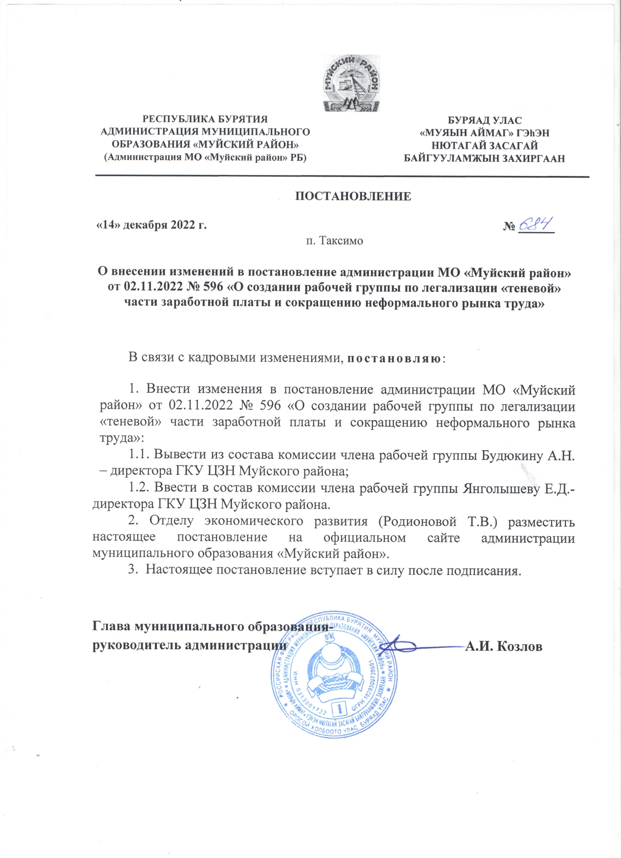 Постановление № 684 от 14.12.2022г. О внесении изменений в постановление администрации МО «Муйский район» от 02.11.2022 № 596 «О создании рабочей группы по легализации «теневой» части заработной платы и сокращению неформального рынка труда».